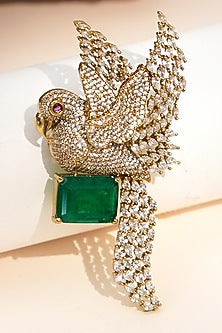 Gold Finish Diamond & Green Stone Sky Songbird Brooch