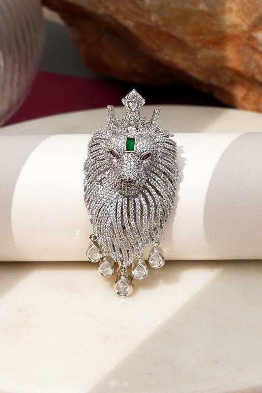 White Finish Diamond & Green Stone Crown Rajsi Sher Brooch