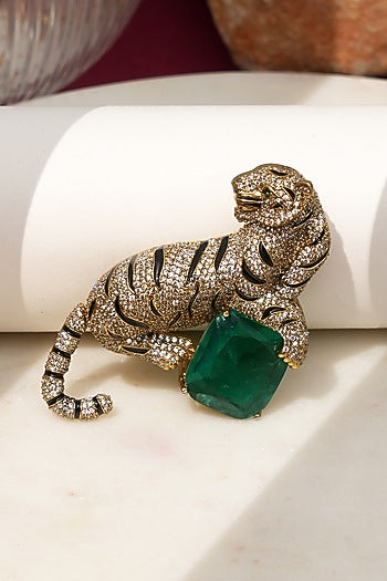Gold Finish Diamond & Green Stone Jaguar Brooch