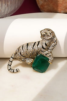 Gold Finish Diamond & Green Stone Jaguar Brooch
