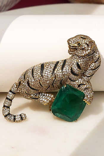 Gold Finish Diamond & Green Stone Jaguar Brooch