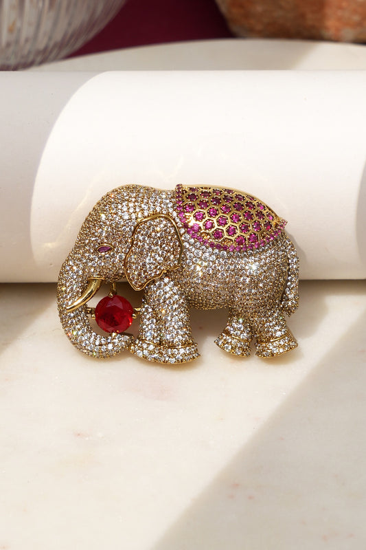 Gold Finish Diamond & Red Stone Elephant Brooch