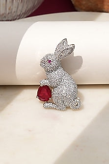 White Finish Diamond & Red Stone Bunny Bliss Brooch