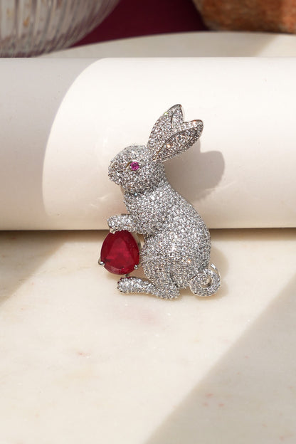 White Finish Diamond & Red Stone Bunny Bliss Brooch
