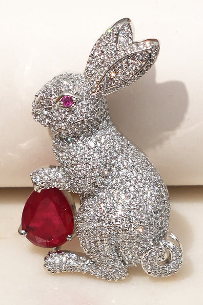 White Finish Diamond & Red Stone Bunny Bliss Brooch