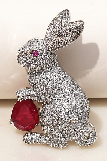 White Finish Diamond & Red Stone Bunny Bliss Brooch