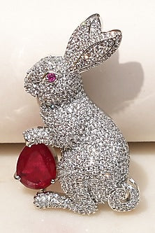 White Finish Diamond & Red Stone Bunny Bliss Brooch