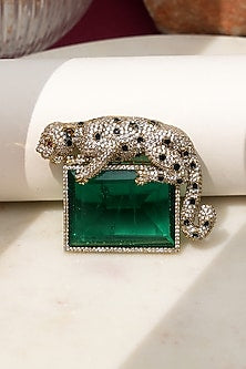 Gold Finish Diamond & Green Stone Alpha Jaguar Brooch
