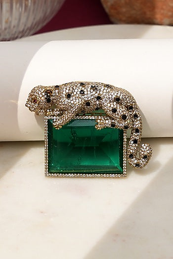 Gold Finish Diamond & Green Stone Alpha Jaguar Brooch