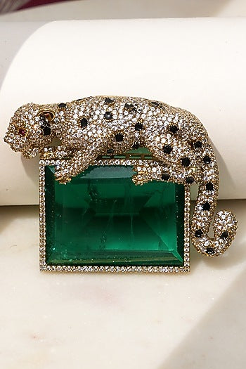 Gold Finish Diamond & Green Stone Alpha Jaguar Brooch