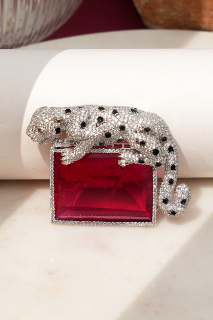 White Finish Diamond & Red Stone Alpha Jaguar Brooch