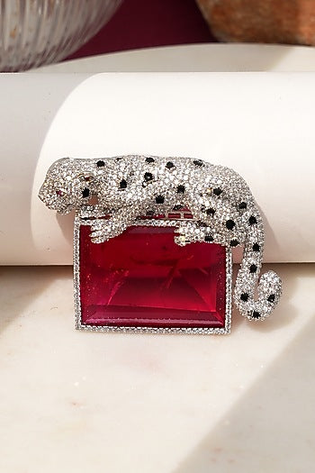 White Finish Diamond & Red Stone Alpha Jaguar Brooch
