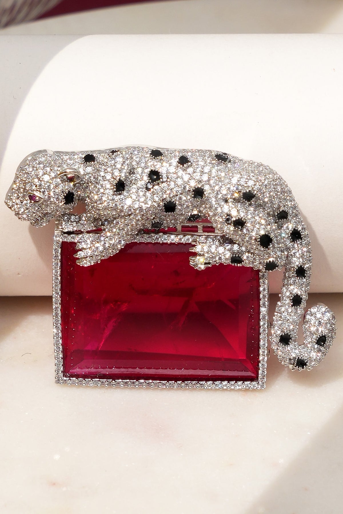 White Finish Diamond & Red Stone Alpha Jaguar Brooch