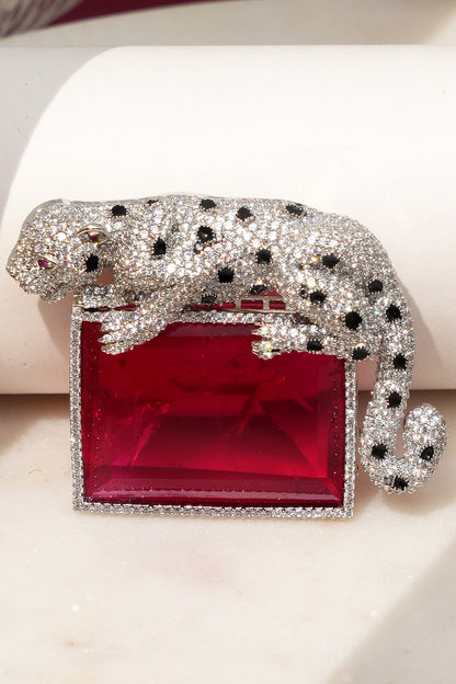 White Finish Diamond & Red Stone Alpha Jaguar Brooch