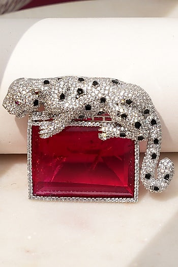 White Finish Diamond & Red Stone Alpha Jaguar Brooch