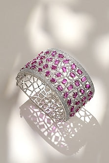 White Finish Diamond & Pink Stone Openable Bracelet