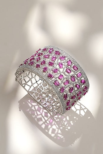 White Finish Diamond & Pink Stone Openable Bracelet