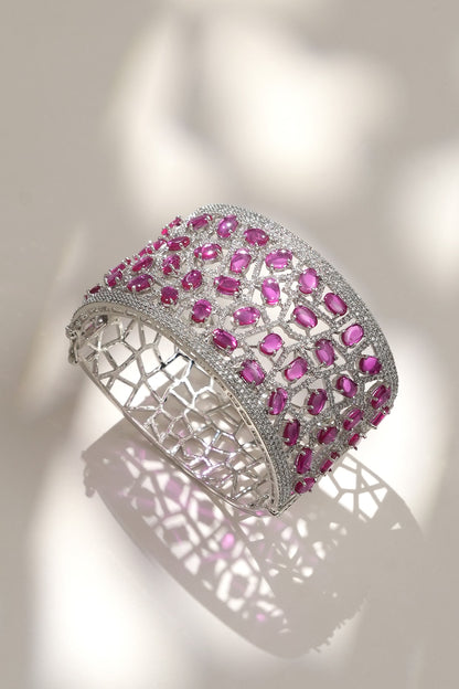 White Finish Diamond & Pink Stone Openable Bracelet
