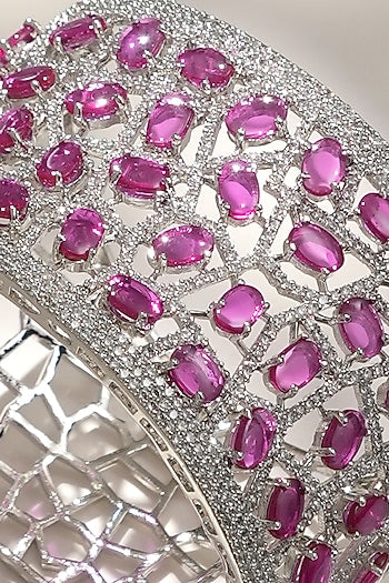 White Finish Diamond & Pink Stone Openable Bracelet