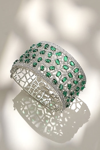 White Finish Diamond & Green Stone Openable Bracelet