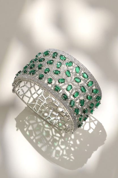 White Finish Diamond & Green Stone Openable Bracelet