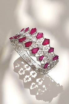 White Finish Diamond & Red Stone Openable Floral Bracelet
