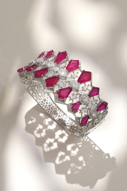 White Finish Diamond & Red Stone Openable Floral Bracelet