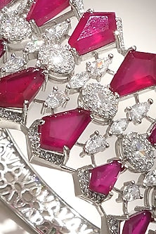 White Finish Diamond & Red Stone Openable Floral Bracelet