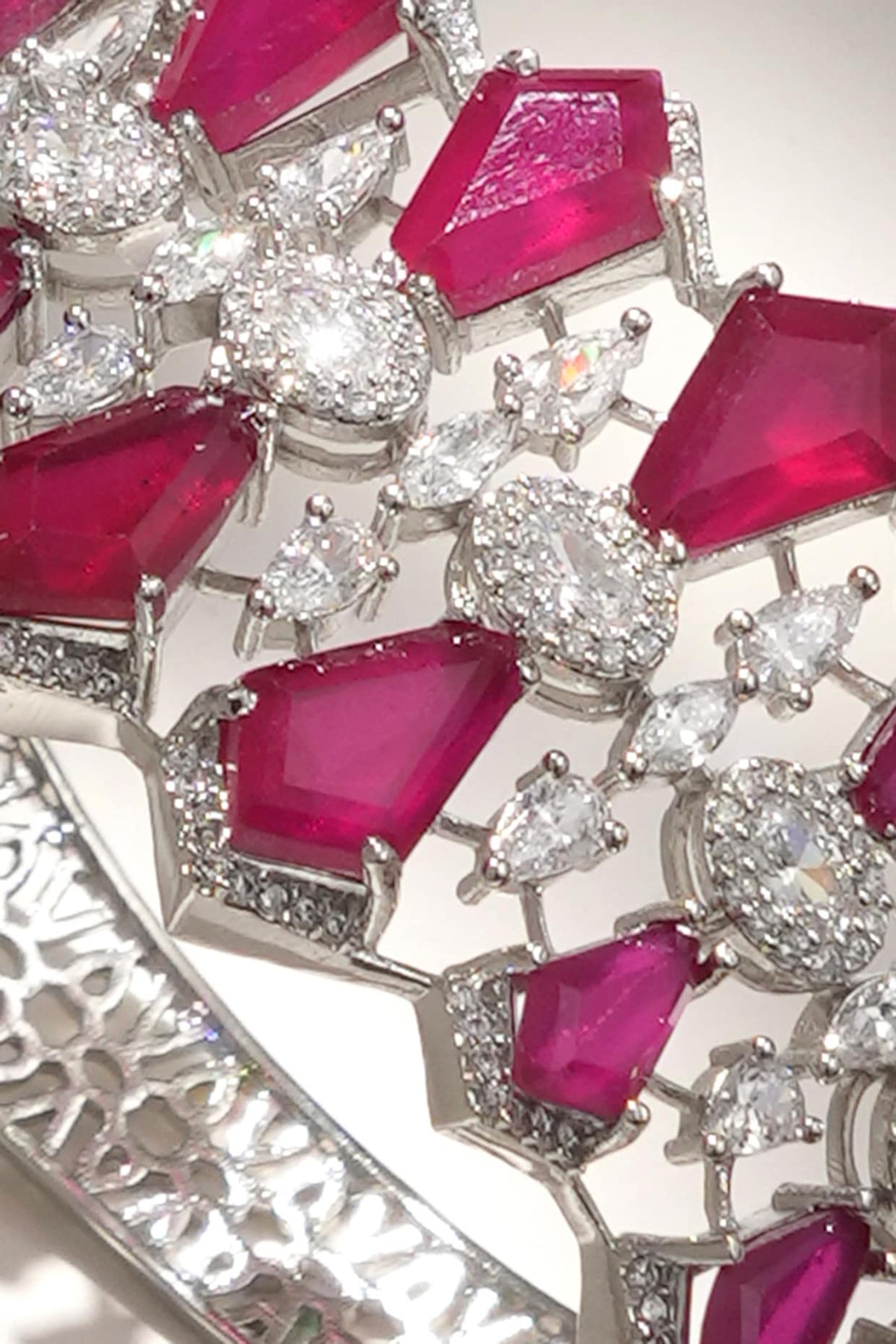 White Finish Diamond & Red Stone Openable Floral Bracelet