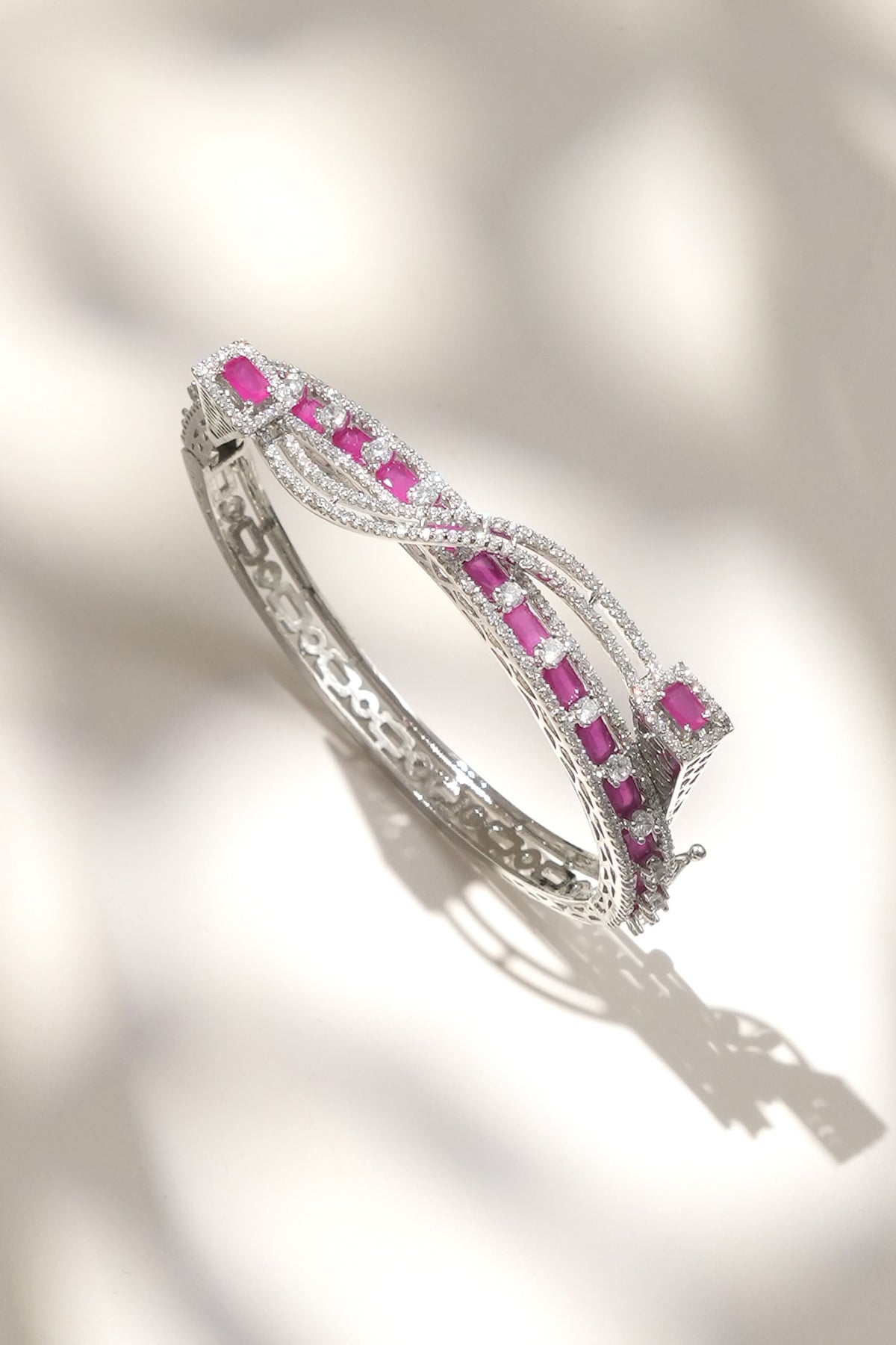 White Finish Diamond & Pink Stone Bracelet