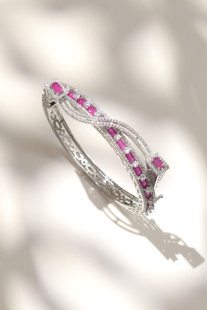 White Finish Diamond & Pink Stone Bracelet