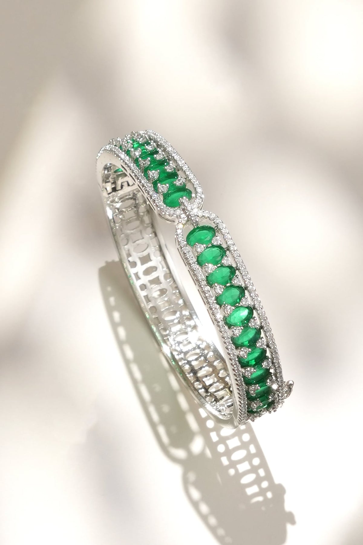White Finish Diamond & Green Stone Bracelet