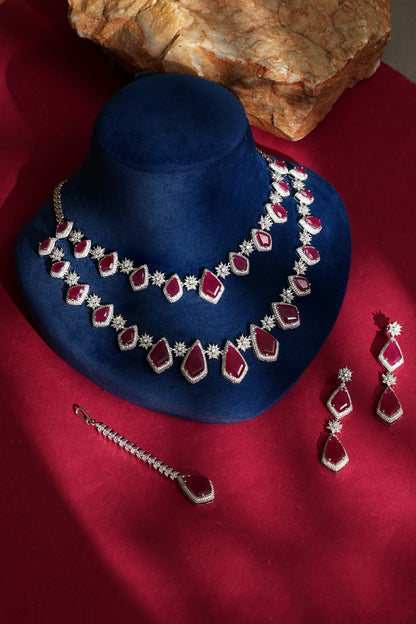 White Finish Diamond & Red Crystal Necklace Set
