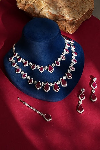 White Finish Diamond & Red Crystal Necklace Set