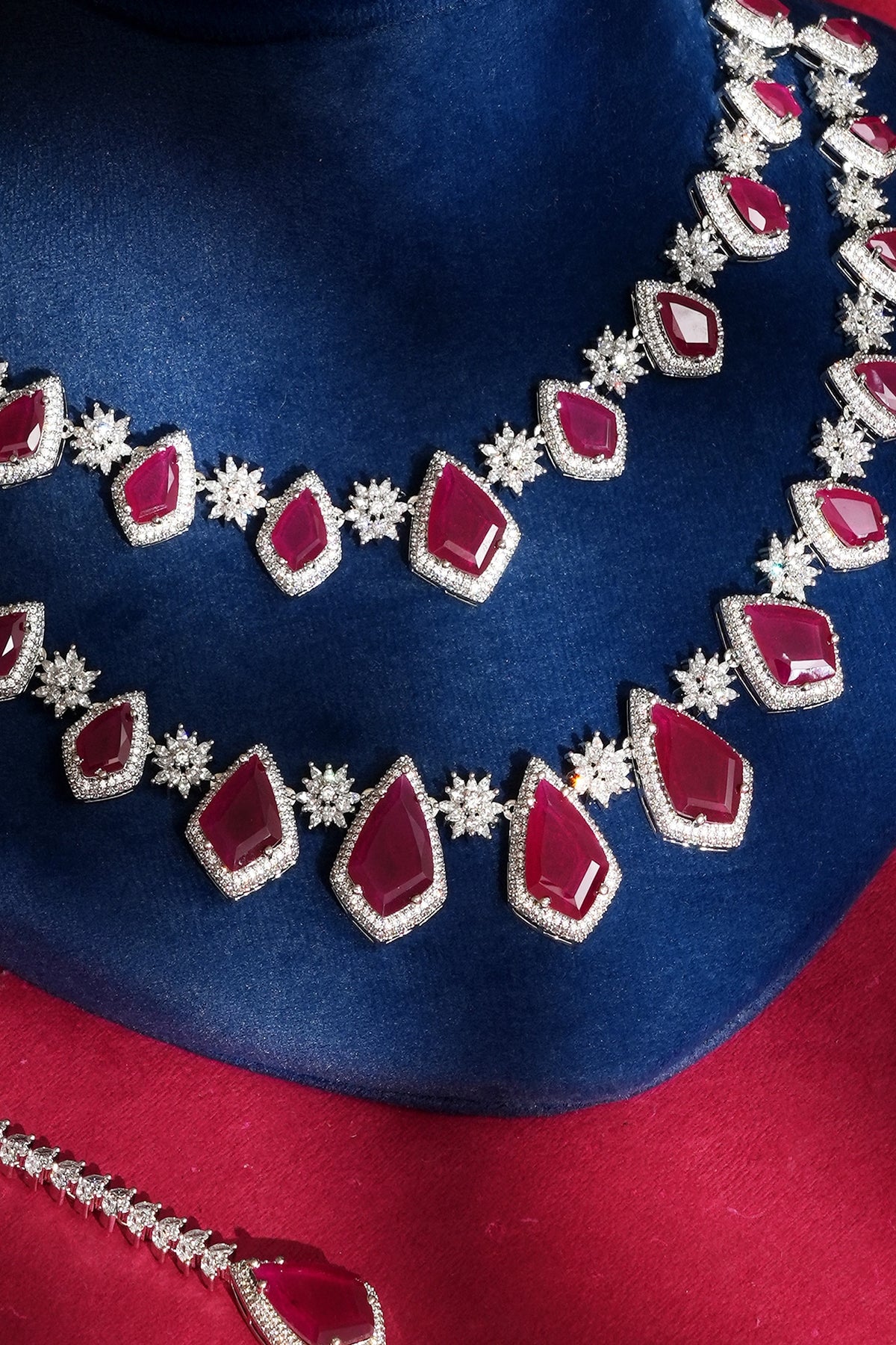 White Finish Diamond & Red Crystal Necklace Set