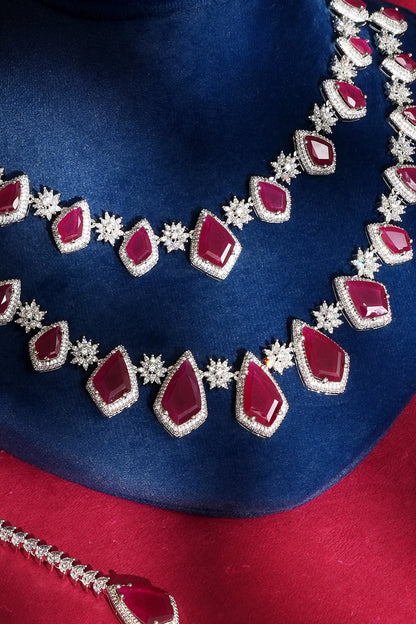 White Finish Diamond & Red Crystal Necklace Set