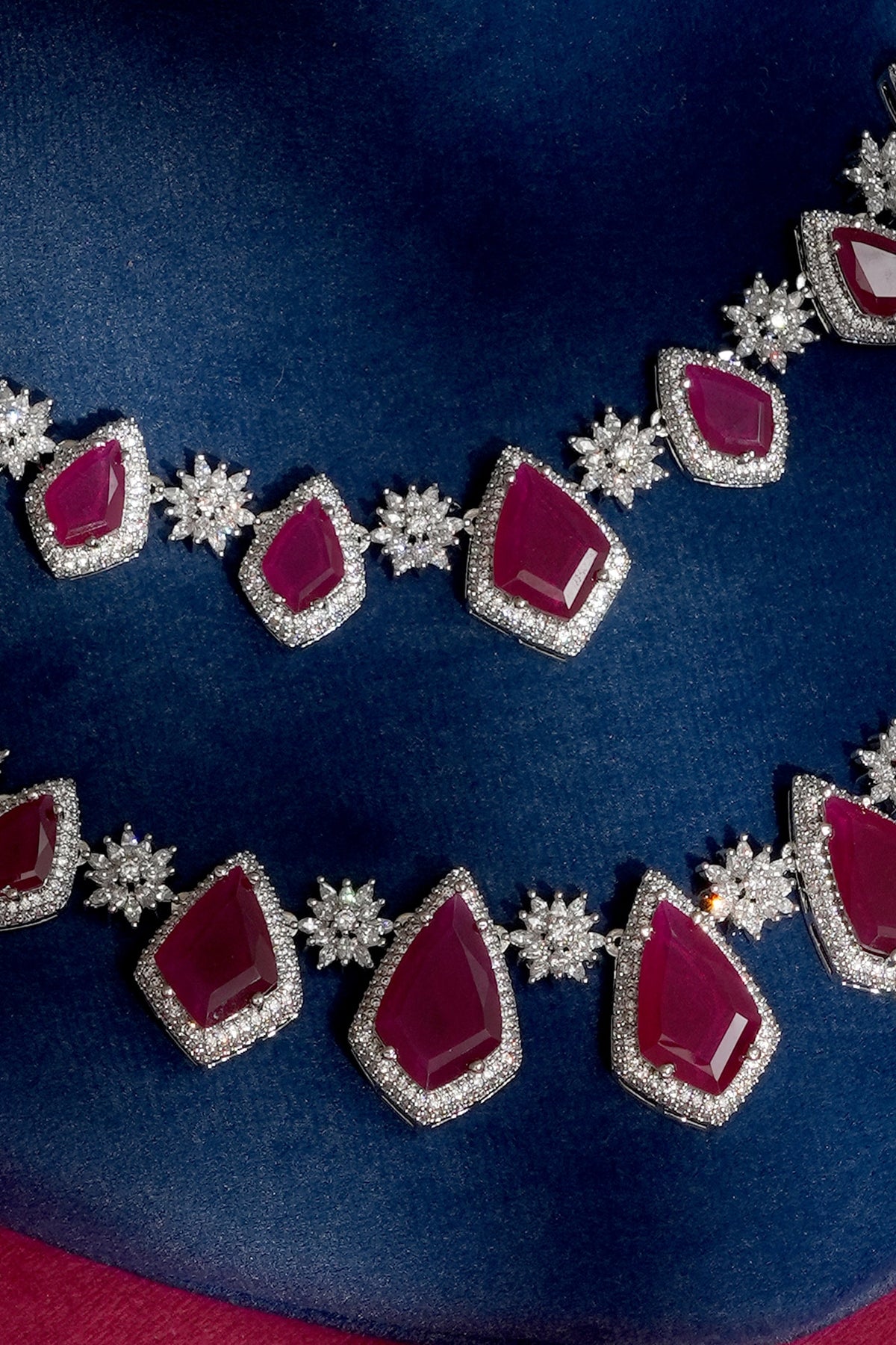 White Finish Diamond & Red Crystal Necklace Set