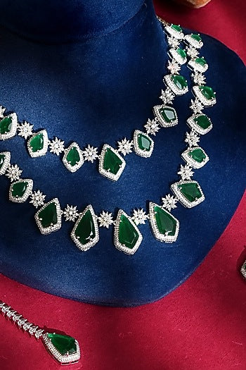 White Finish Diamond & Green Crystal Necklace Set