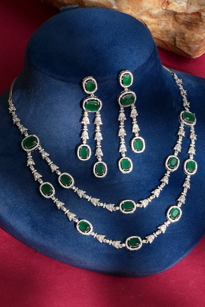 White Finish Diamond & Green Crystal Necklace Set