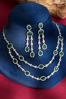 White Finish Diamond & Green Crystal Necklace Set