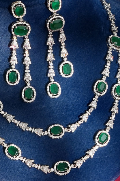 White Finish Diamond & Green Crystal Necklace Set