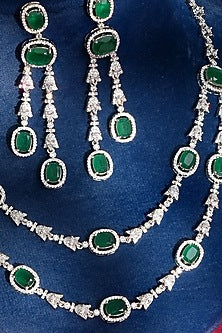 White Finish Diamond & Green Crystal Necklace Set
