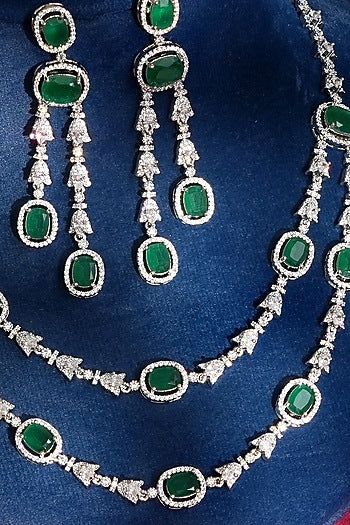 White Finish Diamond & Green Crystal Necklace Set