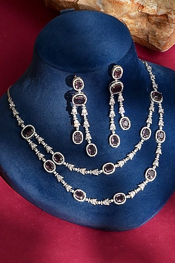 White Finish Diamond & Purple Crystal Necklace Set
