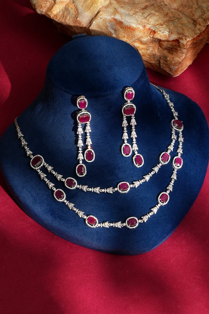 White Finish Diamond & Ruby Necklace Set