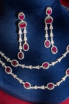 White Finish Diamond & Ruby Necklace Set
