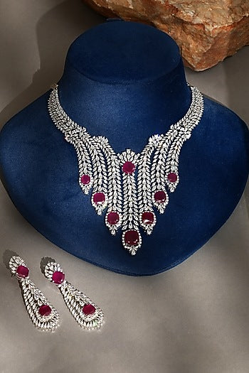 White Finish Diamond & Ruby Choker Necklace Set