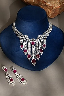 White Finish Diamond & Ruby Choker Necklace Set