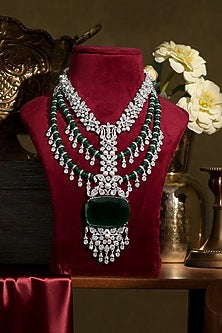 White Finish Diamond & Emerald Necklace Set