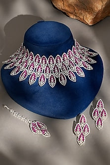 White Finish Diamond & Ruby Necklace Set